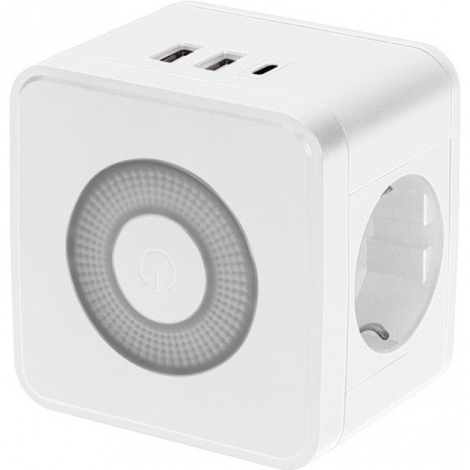 Двойник электрический REXANT КУБ 16А с заземлением + 2хUSB-A 2,4А + USB Type-C 3А с ночной подсветкой, белый 11-1251