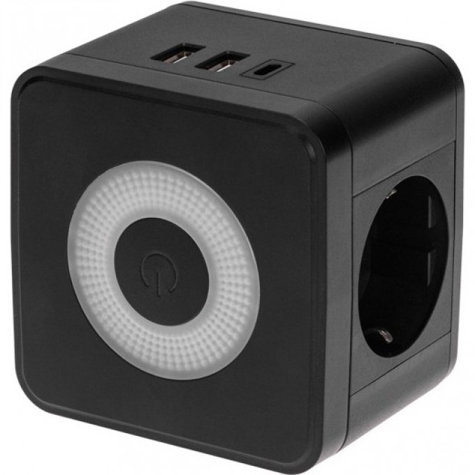 Двойник электрический REXANT КУБ 16А с заземлением + 2хUSB-A 2,4А + USB Type-C 3А с ночной подсветкой, черный 11-1252