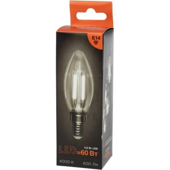 Лампа филаментная REXANT СВЕЧА CN35 7,5Вт 600Лм 4000K E14 прозрачная колба