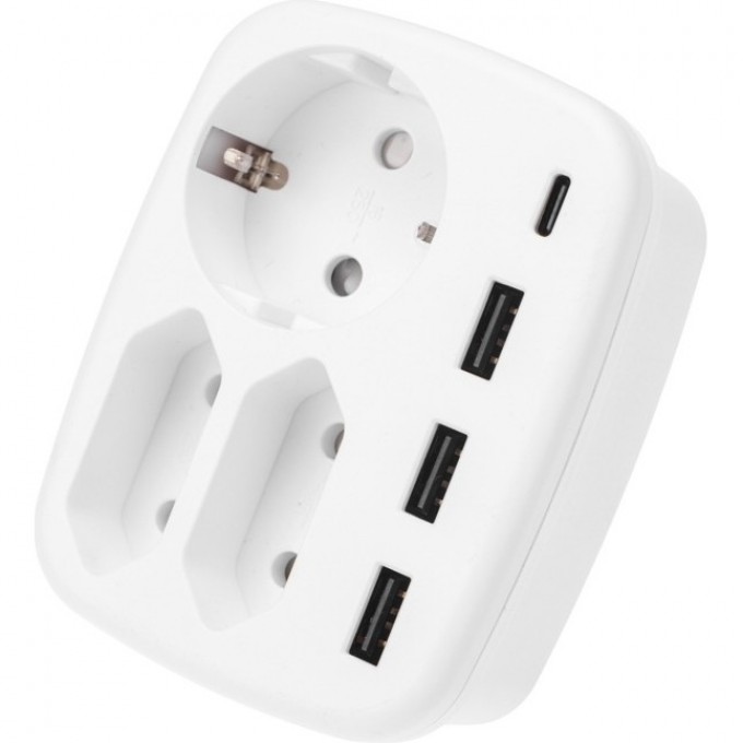 Тройник электрический REXANT 16А + 2х2,5А с заземлением + 3хUSB-A 2,4А + USB Type-C 3А, белый 11-1250